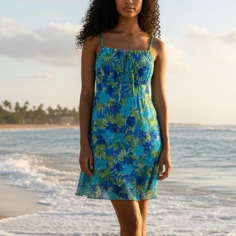 California Concepts Y2K vintage mini milkmaid dress blue tropical floral Size M